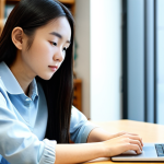 A young, determined East Asian female student in a modest, smart casual outfit, deeply focused while meticulously writing a scholarship essay on a sleek laptop at a clean, well-lit modern desk. Around her are neatly organized Korean language textbooks, a focused study lamp, and a minimalist plant. She has a thoughtful and sincere expression, conveying profound dedication and a clear vision for her future. The background is a blurred, contemporary academic library setting, emphasizing a serious and productive study environment. The lighting is soft and natural. perfect anatomy, correct proportions, natural pose, well-formed hands, proper finger count, natural body proportions, fully clothed, modest clothing, appropriate attire, professional dress, safe for work, appropriate content, professional photography, high quality.